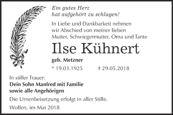 Traueranzeige von Ilse Kühnert von WVG - Wochenspiegel Bitterfeld