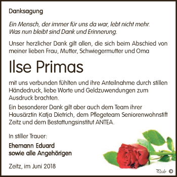 Traueranzeige von Ilse Primas von Super Sonntag Zeitz