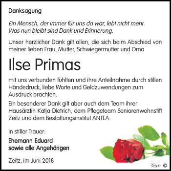 Traueranzeige von Ilse Primas von Mitteldeutsche Zeitung Zeitz