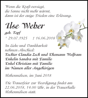 Traueranzeige von Ilse Weber von Mitteldeutsche Zeitung Weißenfels
