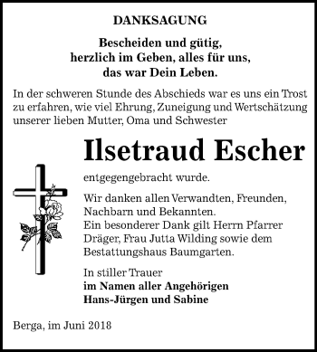 Traueranzeige von Ilsetraud Escher von Mitteldeutsche Zeitung Sangerhausen
