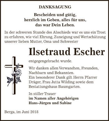 Traueranzeige von Ilsetraud Escher von Super Sonntag SGH Mansf. Land