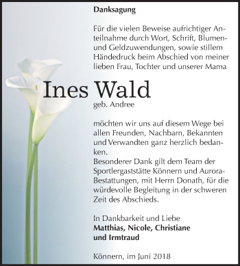 Traueranzeige von Ines Wald von Mitteldeutsche Zeitung Bernburg
