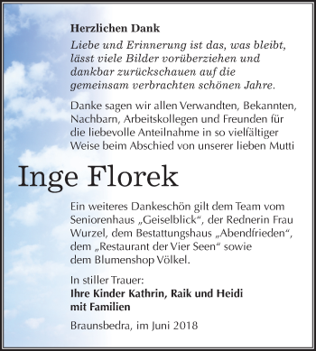 Traueranzeige von Inge Florek von Mitteldeutsche Zeitung Merseburg/Querfurt