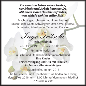 Traueranzeige von Inge Fritsche von Mitteldeutsche Zeitung Merseburg/Querfurt