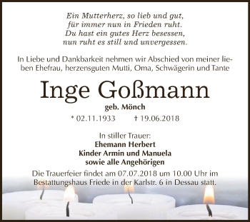 Traueranzeige von Inge Goßmann von WVG - Wochenspiegel Dessau / Köthen