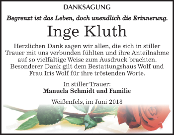 Traueranzeige von Inge Kluth von Mitteldeutsche Zeitung Weißenfels