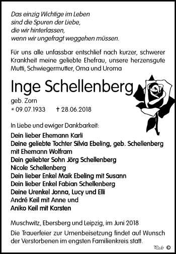 Traueranzeige von Inge Schellenberg von Mitteldeutsche Zeitung Weißenfels