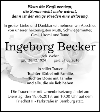 Traueranzeige von Ingeborg Becker von Mitteldeutsche Zeitung Bernburg