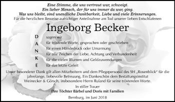 Traueranzeige von Ingeborg Becker von Mitteldeutsche Zeitung Bernburg