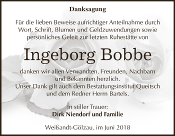 Traueranzeige von Ingeborg Bobbe von WVG - Wochenspiegel Dessau / Köthen