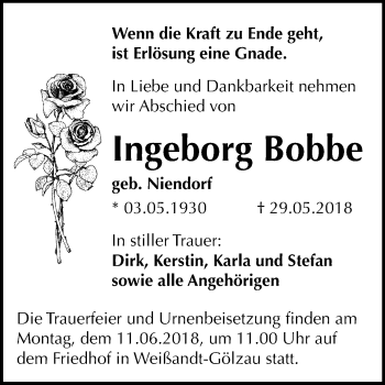 Traueranzeige von Ingeborg Bobbe von Mitteldeutsche Zeitung Köthen