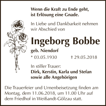 Traueranzeige von Ingeborg Bobbe von WVG - Wochenspiegel Dessau / Köthen
