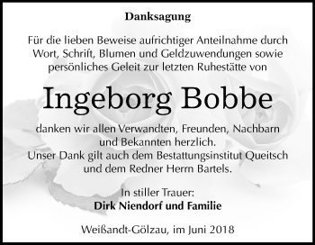 Traueranzeige von Ingeborg Bobbe von Mitteldeutsche Zeitung Köthen