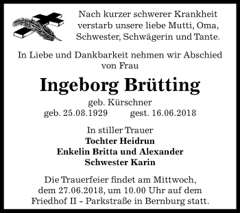 Traueranzeige von Ingeborg Brütting von Mitteldeutsche Zeitung Bernburg