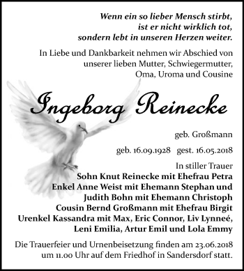 Traueranzeige von Ingeborg Reinecke von WVG - Wochenspiegel Bitterfeld