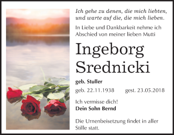Traueranzeige von Ingeborg Srednicki von Mitteldeutsche Zeitung Bitterfeld
