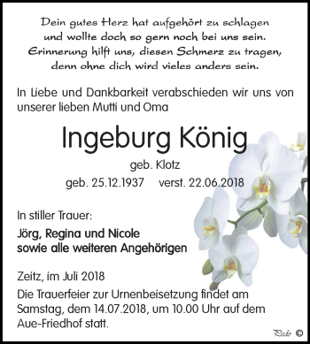 Traueranzeige von Ingeburg König von Mitteldeutsche Zeitung Zeitz