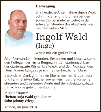 Traueranzeige von Ingolf Wald von WVG - Wochenspiegel Dessau / Köthen
