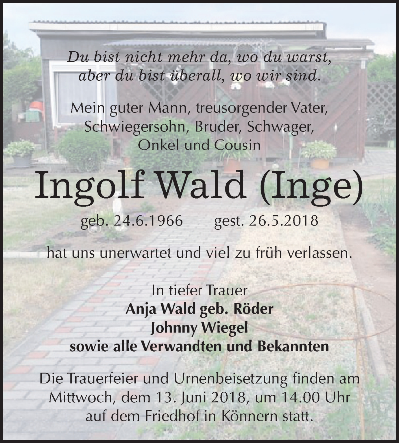  Traueranzeige für Ingolf Wald vom 02.06.2018 aus Mitteldeutsche Zeitung