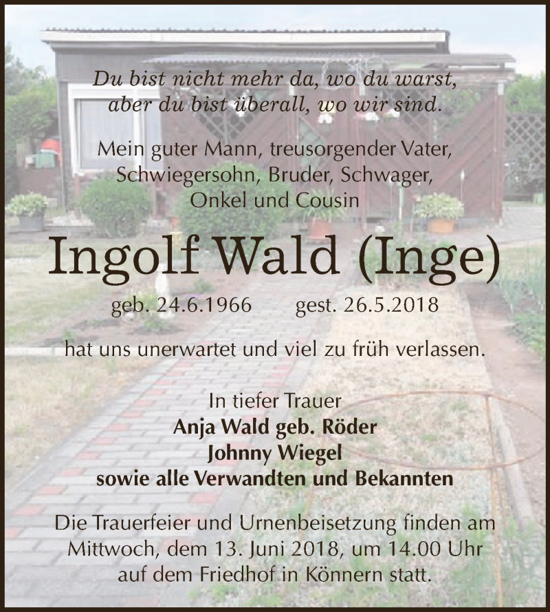 Traueranzeige für Ingolf Wald vom 02.06.2018 aus WVG - Wochenspiegel Dessau / Köthen