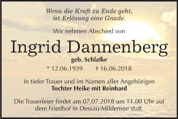 Traueranzeige von Ingrid Dannenberg von Mitteldeutsche Zeitung Dessau-Roßlau