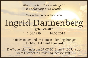 Traueranzeige von Ingrid Dannenberg von WVG - Wochenspiegel Dessau / Köthen