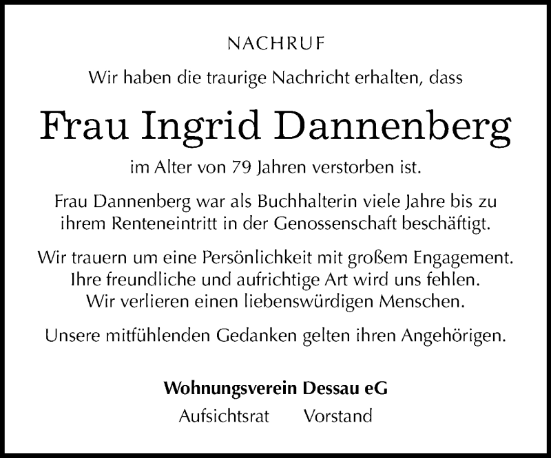  Traueranzeige für Ingrid Dannenberg vom 27.06.2018 aus Mitteldeutsche Zeitung Dessau-Roßlau