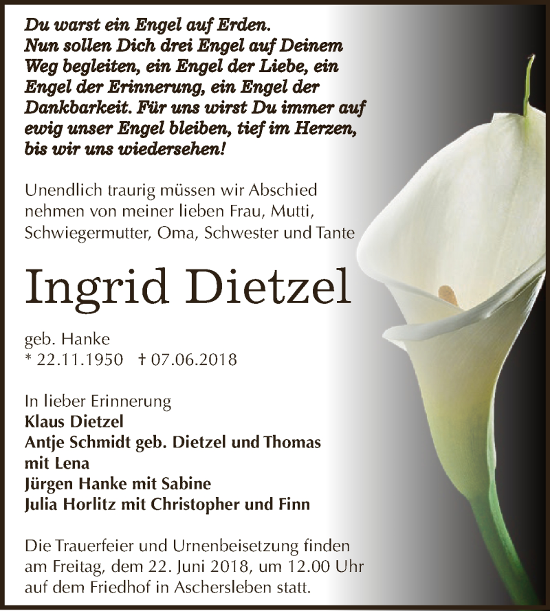  Traueranzeige für Ingrid Dietzel vom 13.06.2018 aus Super Sonntag Aschersleben