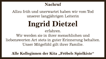 Traueranzeige von Ingrid Dietzel von WVG - Wochenspiegel Aschersleben