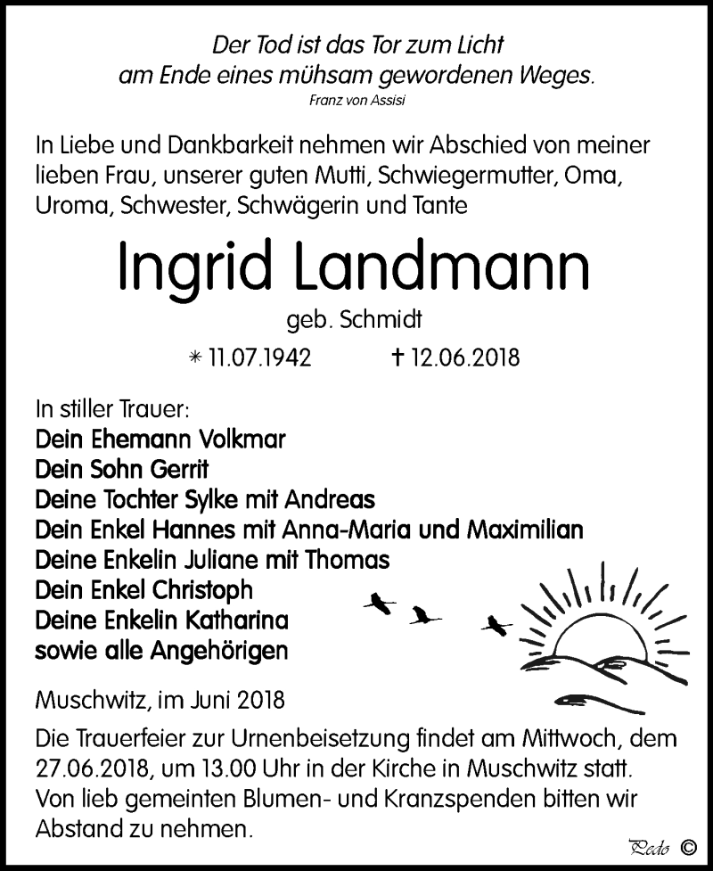  Traueranzeige für Ingrid Landmann vom 16.06.2018 aus Mitteldeutsche Zeitung Weißenfels