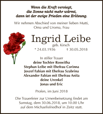 Traueranzeige von Ingrid Leibe von Super Sonntag Zeitz