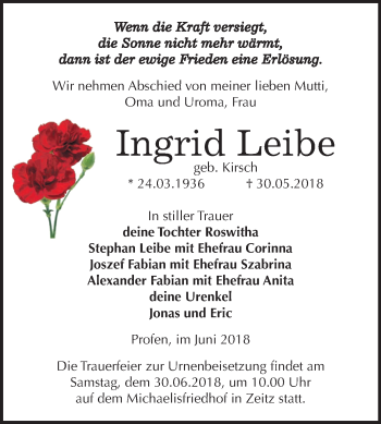 Traueranzeige von Ingrid Leibe von Mitteldeutsche Zeitung Zeitz