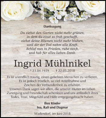 Traueranzeige von Ingrid Mühlnickel von Mitteldeutsche Zeitung Bitterfeld
