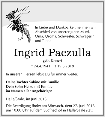 Traueranzeige von Ingrid Paczulla von Mitteldeutsche Zeitung Halle/Saalkreis