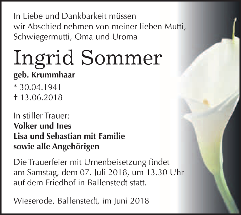  Traueranzeige für Ingrid Sommer vom 27.06.2018 aus WVG - Wochenspiegel Quedlinburg