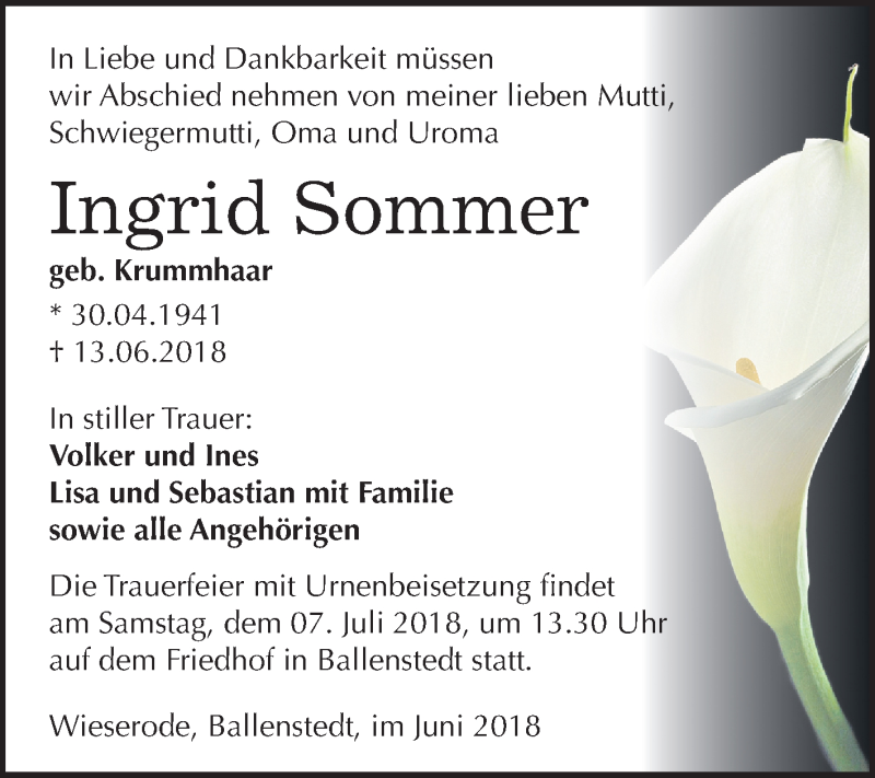  Traueranzeige für Ingrid Sommer vom 27.06.2018 aus Mitteldeutsche Zeitung