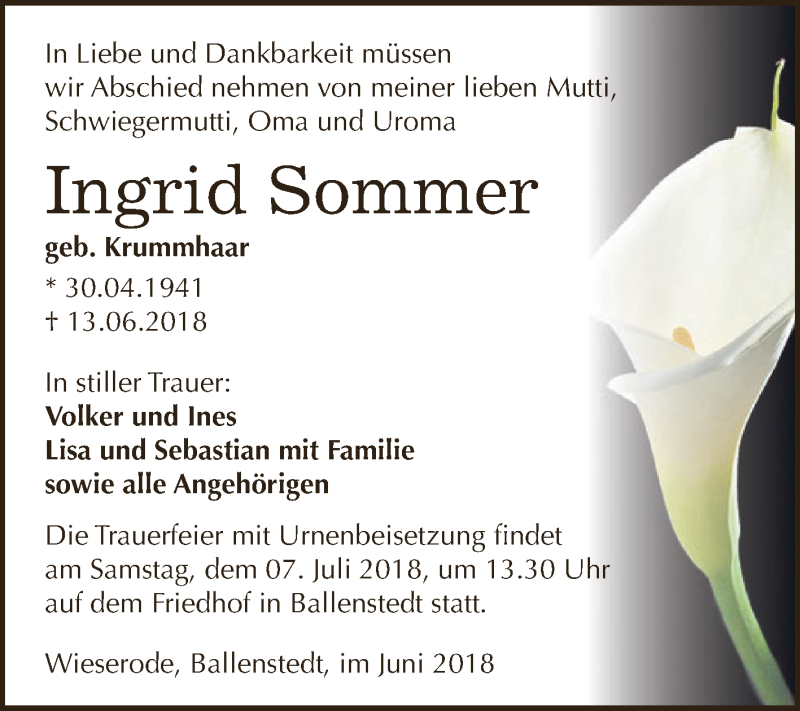  Traueranzeige für Ingrid Sommer vom 27.06.2018 aus Wochenspiegel Mansfelder Land