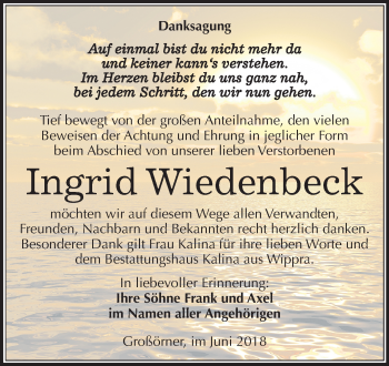 Traueranzeige von Ingrid Wiedenbeck von Mitteldeutsche Zeitung