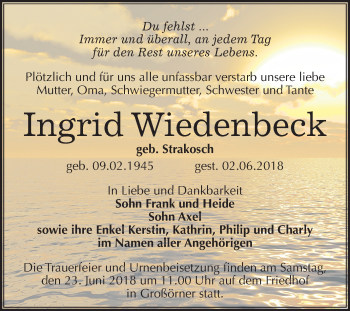 Traueranzeige von Ingrid Wiedenbeck von Mitteldeutsche Zeitung