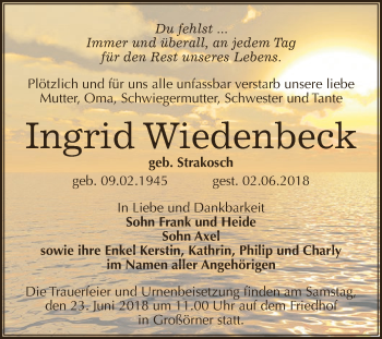 Traueranzeige von Ingrid Wiedenbeck von Super Sonntag SGH Mansf. Land