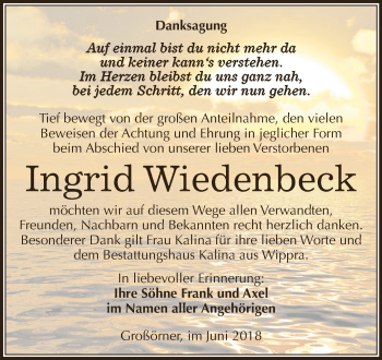 Traueranzeige von Ingrid Wiedenbeck von Super Sonntag SGH Mansf. Land