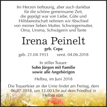 Traueranzeige von Irena Peinelt von Mitteldeutsche Zeitung