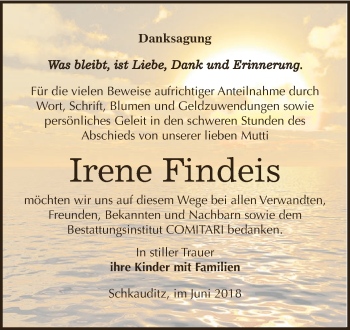 Traueranzeige von Irene Findeis von Super Sonntag Zeitz