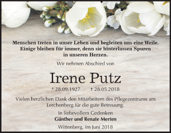 Traueranzeige von Irene Putz von Mitteldeutsche Zeitung