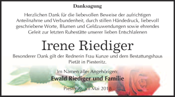 Traueranzeige von Irene Emilie Riediger von Super Sonntag Wittenberg