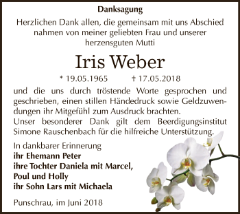 Traueranzeige von Iris Weber von WVG - Wochenspiegel NMB / WSF / ZTZ