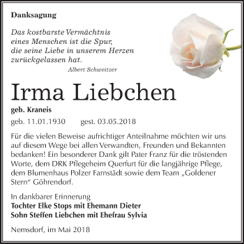 Traueranzeige von Irma Liebchen von Mitteldeutsche Zeitung Merseburg/Querfurt