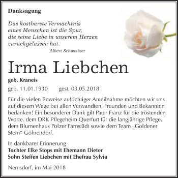 Traueranzeige von Irma Liebchen von WVG - Wochenspiegel Merseburg