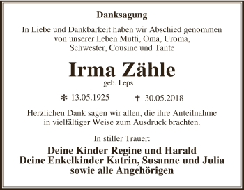 Traueranzeige von Irma Zähle von WVG - Wochenspiegel Dessau / Köthen